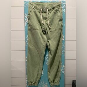 American Eagle, green draw string blue jeans.